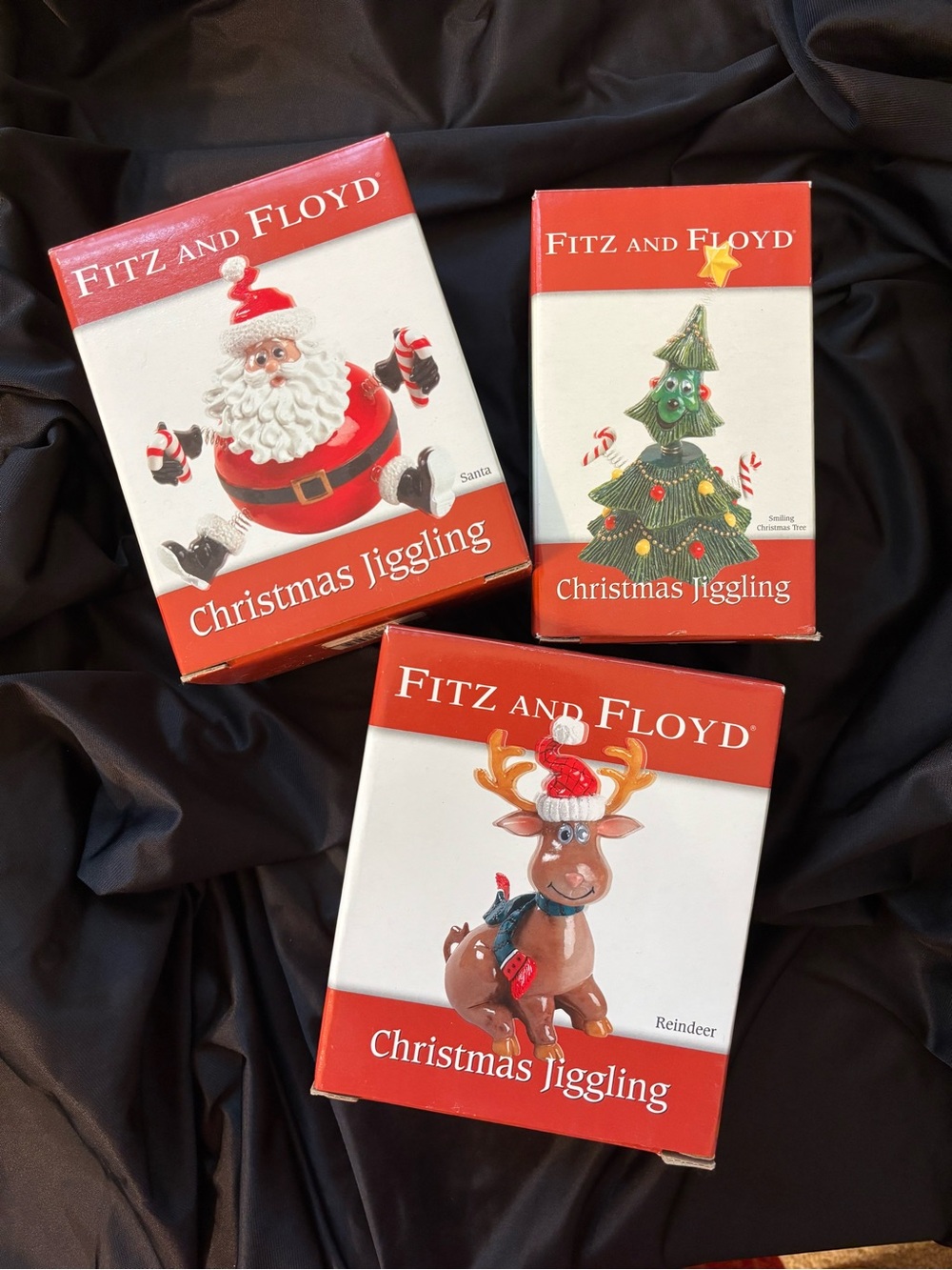 Fitz and Floyd Christmas Jiggling Santa, Reindeer, and Tree 2005 - NEW IN BOXES